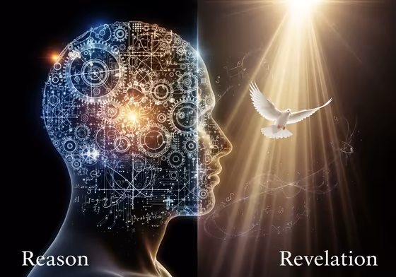 A split image showing two paths to God: reason and revelation.