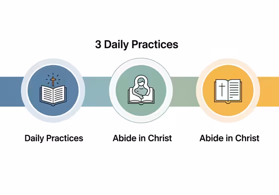 An infographic showing three icons representing daily practices for abiding in Christ: prayer, reading the Word, and trusting the Holy Spirit.