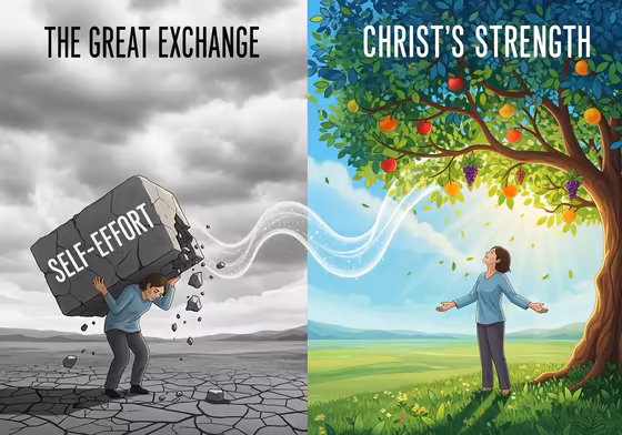 A visual metaphor of 'The Great Exchange': on one side, a person struggles with a heavy burden labeled 'Self-Effort'; on the other, they rest peacefully under a flourishing tree labeled 'Christ's Life'.