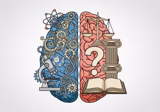 A brain split in half. The left side shows gears, atoms, and beakers representing science. The right side shows scales of justice, classical columns, and question marks representing philosophy.